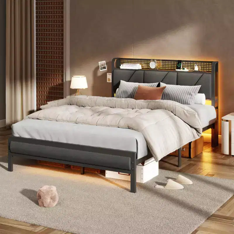 Lit plateforme pleine grandeur, tête de lit rembourrée avec lumières LED, station de charge, support métallique robuste, aucun sommier tapissier requis, chambre de jeu