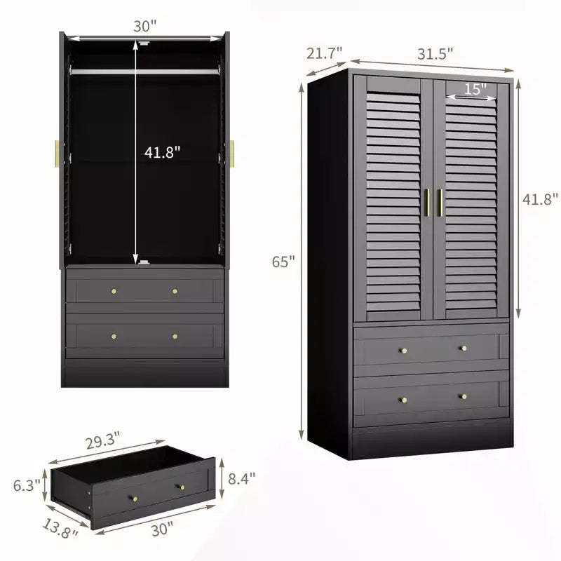 Armoire de rangement en bois à 2 portes et 2 tiroirs, avec tringle, pour chambre à coucher, 65 po