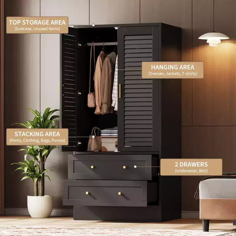 Armoire de rangement en bois à 2 portes et 2 tiroirs, avec tringle, pour chambre à coucher, 65 po