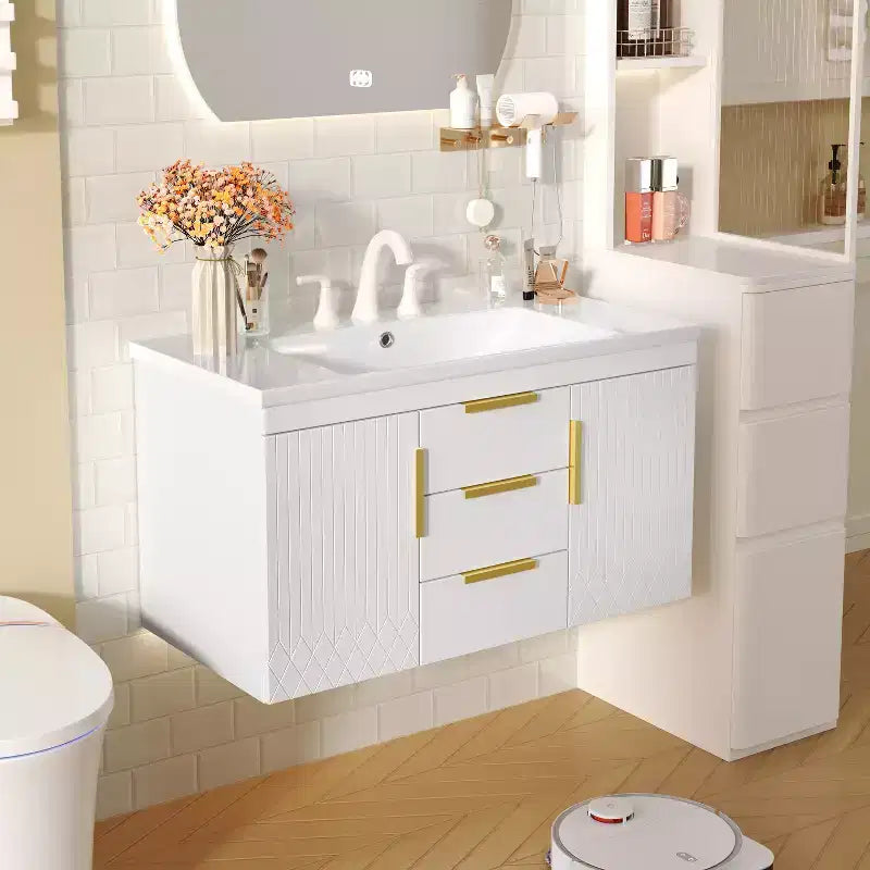 Meuble-lavabo de salle de bain mural de 36 pouces avec meuble de rangement flottant à 2 tiroirs, meuble de salle de bain en bois massif, blanc
