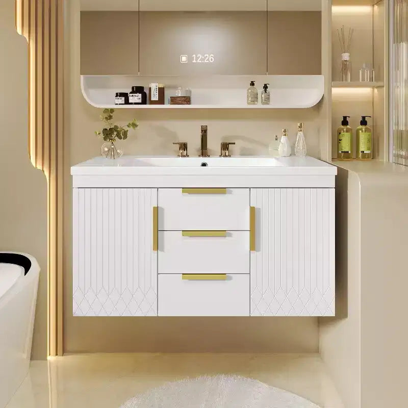 Meuble-lavabo de salle de bain mural de 36 pouces avec meuble de rangement flottant à 2 tiroirs, meuble de salle de bain en bois massif, blanc