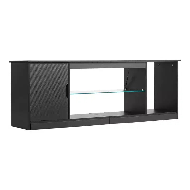 VIYET Modern Black TV Stand - Fits 65 TVs, Light Strip, Glass&Adjustable Shelves