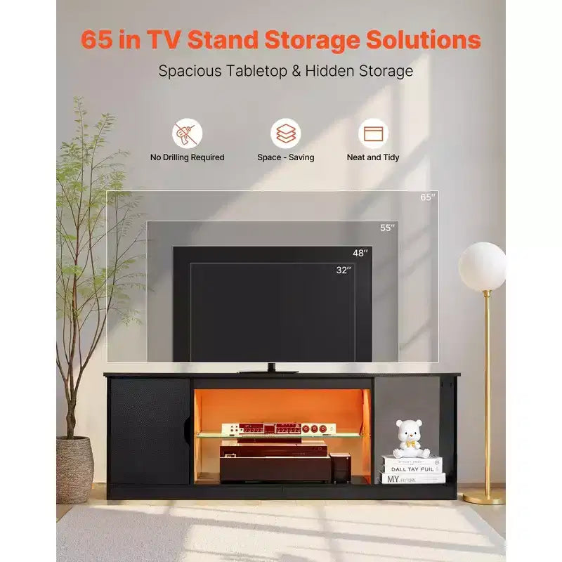Meuble TV moderne noir de 58 po avec verre et étagères réglables, bande lumineuse LED