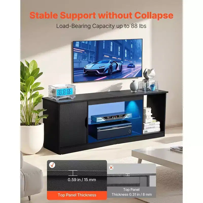 Meuble TV moderne noir de 58 po avec verre et étagères réglables, bande lumineuse LED