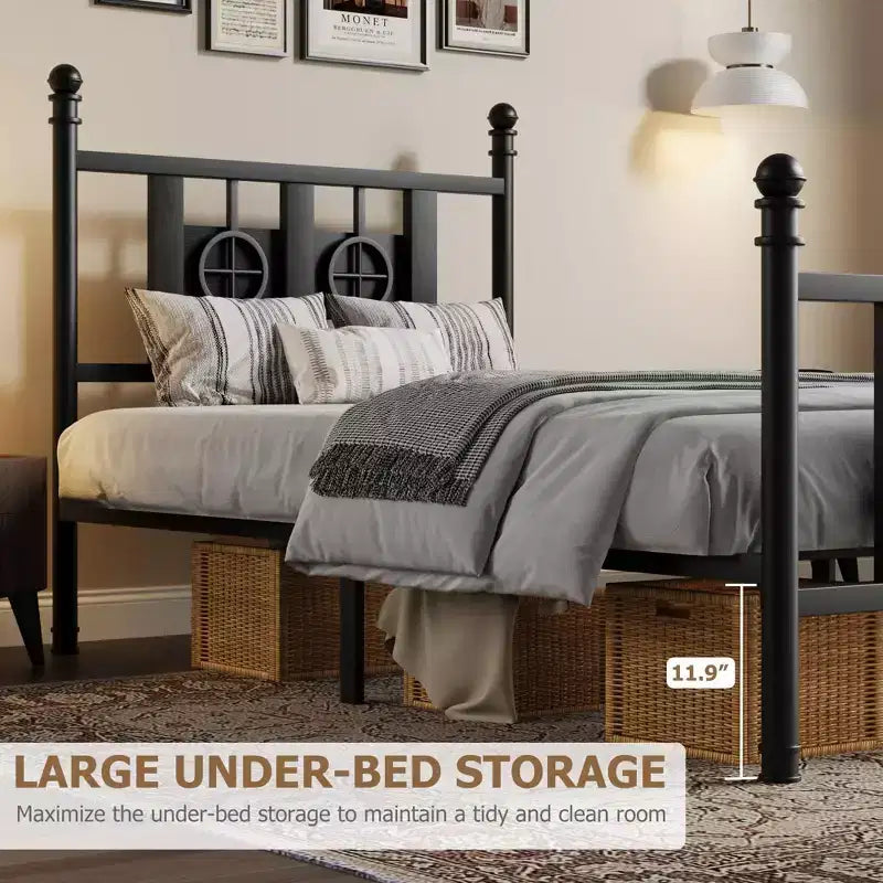 Cadre de lit métallique robuste avec design circulaire vintage Plateforme avec tête et pied de lit Rangement sous le lit, Silencieux, Montage facile
