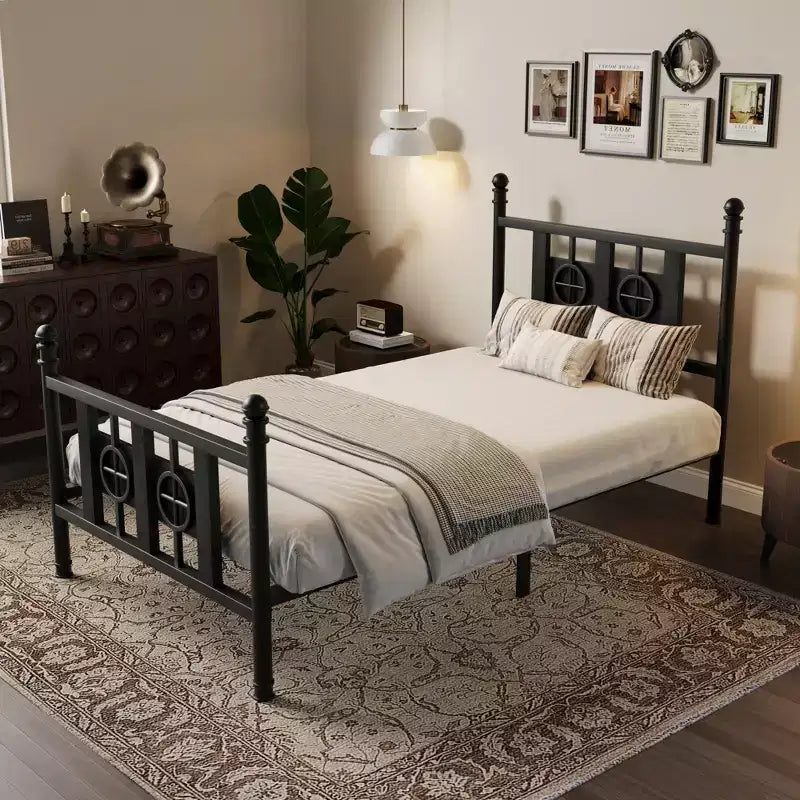 Cadre de lit métallique robuste avec design circulaire vintage Plateforme avec tête et pied de lit Rangement sous le lit, Silencieux, Montage facile