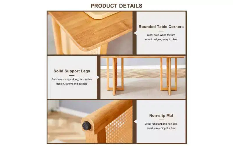 Table de salle à manger en bois massif pour 4 avec texture vigne artificielle et pieds antidérapants, marron