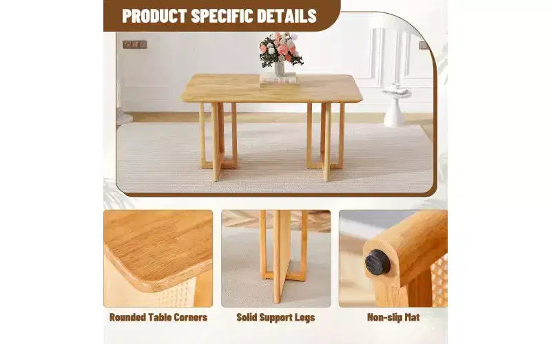 Table de salle à manger en bois massif pour 4 avec texture vigne artificielle et pieds antidérapants, marron