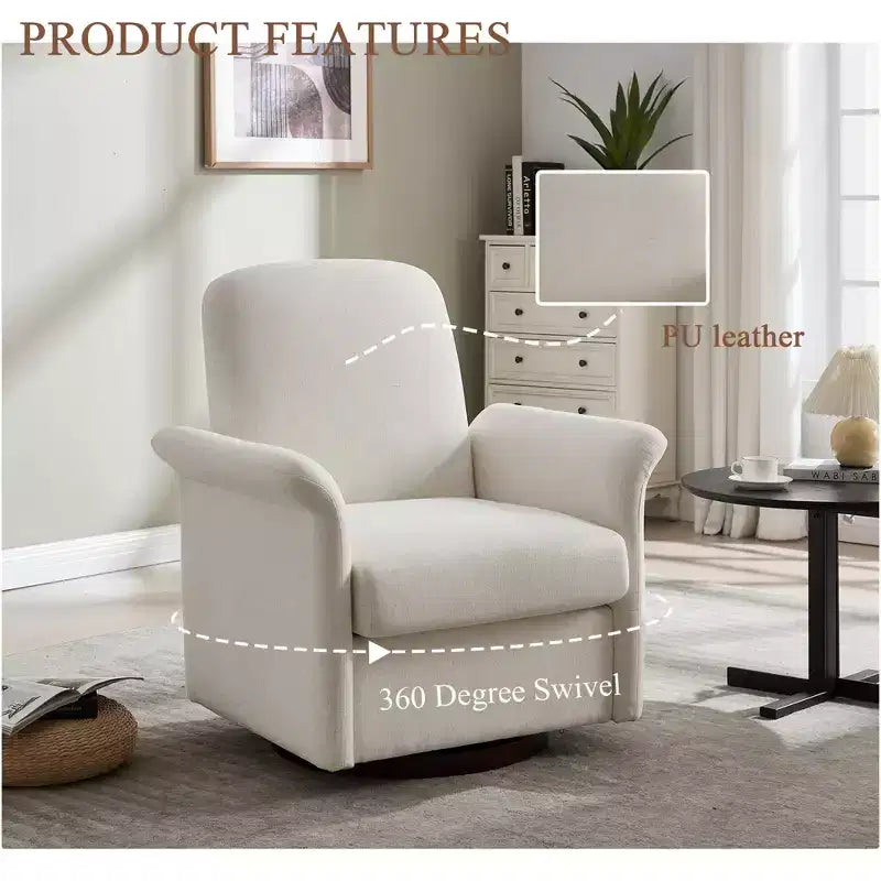 Fauteuil d'appoint moderne pivotant à 360° avec revêtement en lin et base en bois