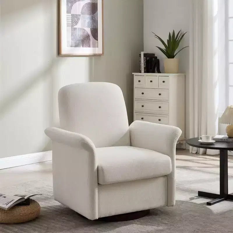 Fauteuil d'appoint moderne pivotant à 360° avec revêtement en lin et base en bois