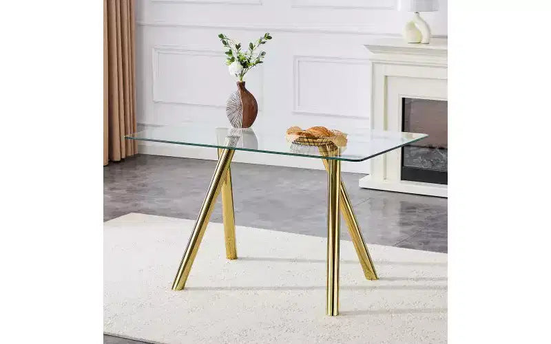 Table à manger rectangulaire en verre trempé de 130 cm avec pieds en métal doré, 6 places