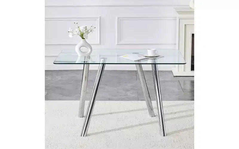 Table à manger rectangulaire en verre trempé de 130 cm avec pieds en métal doré, 6 places