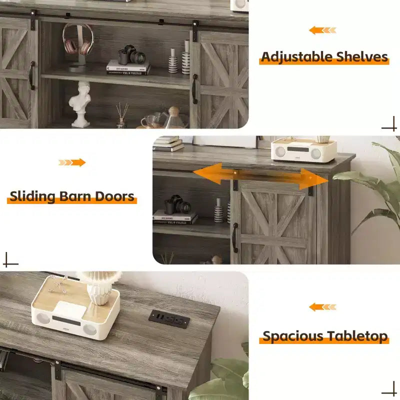 Meuble TV de ferme de 168 cm pour téléviseurs de 190 cm avec portes coulissantes et station de recharge intégrée