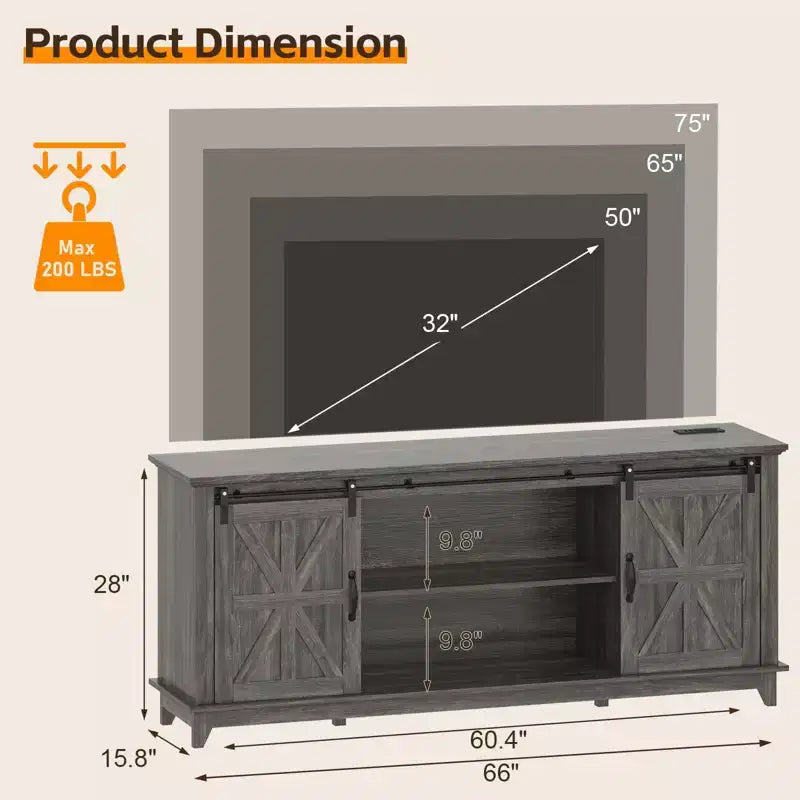 Meuble TV de ferme de 168 cm pour téléviseurs de 190 cm avec portes coulissantes et station de recharge intégrée