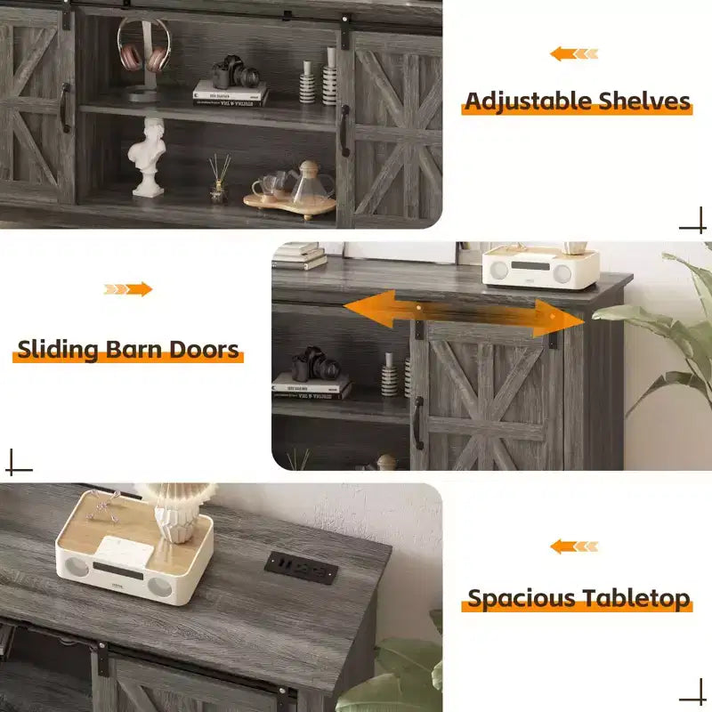 Meuble TV de ferme de 168 cm pour téléviseurs de 190 cm avec portes coulissantes et station de recharge intégrée