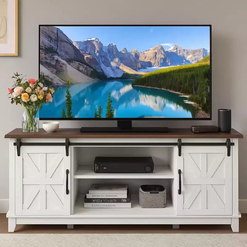 Meuble TV de ferme de 168 cm pour téléviseurs de 190 cm avec portes coulissantes et station de recharge intégrée