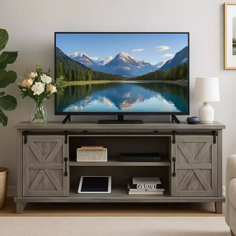 Meuble TV de ferme de 168 cm pour téléviseurs de 190 cm avec portes coulissantes et station de recharge intégrée
