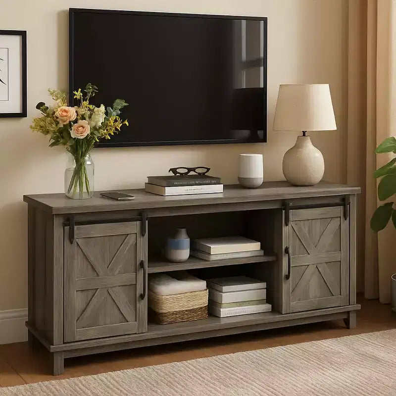 Meuble TV de ferme de 168 cm pour téléviseurs de 190 cm avec portes coulissantes et station de recharge intégrée