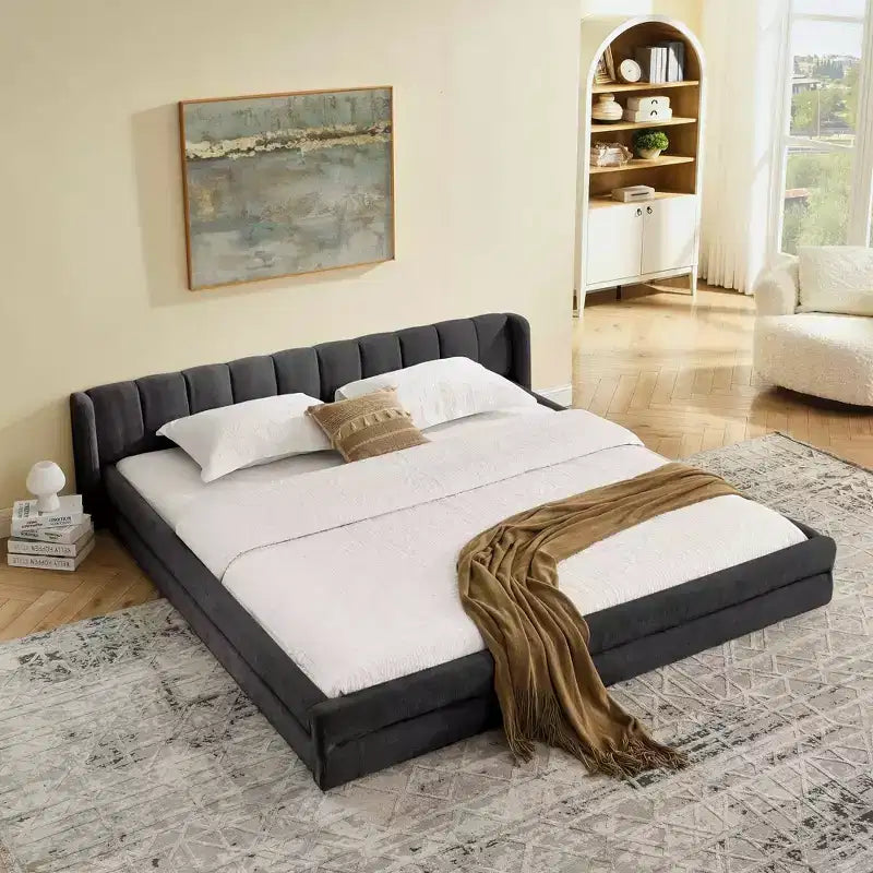 Lit plate-forme rembourré King Size avec tête de lit en tissu chenille, gris