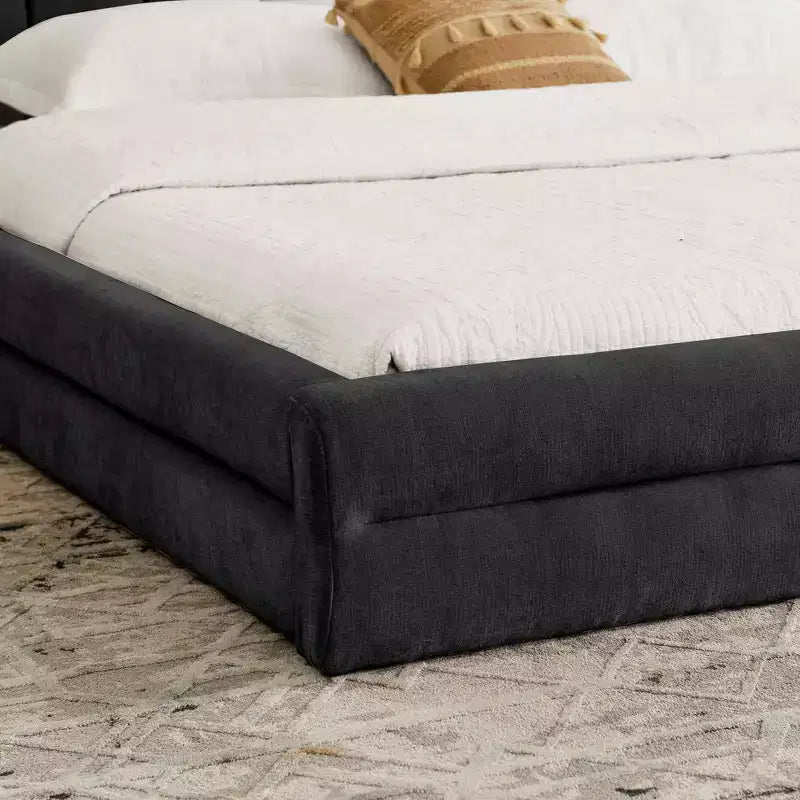 Lit plate-forme rembourré King Size avec tête de lit en tissu chenille, gris