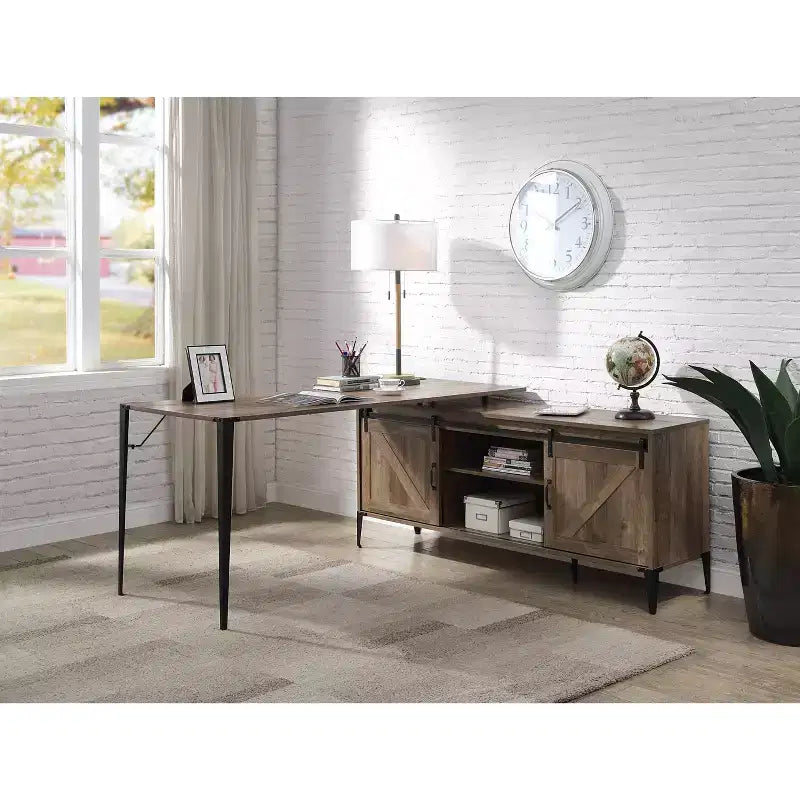 TUYOHW 48 L-Shape Writing Desk,Modern Computer Desk with Sliding Barn Door Storage,Cord Management,Metal Legs,Study Desk for Home Office