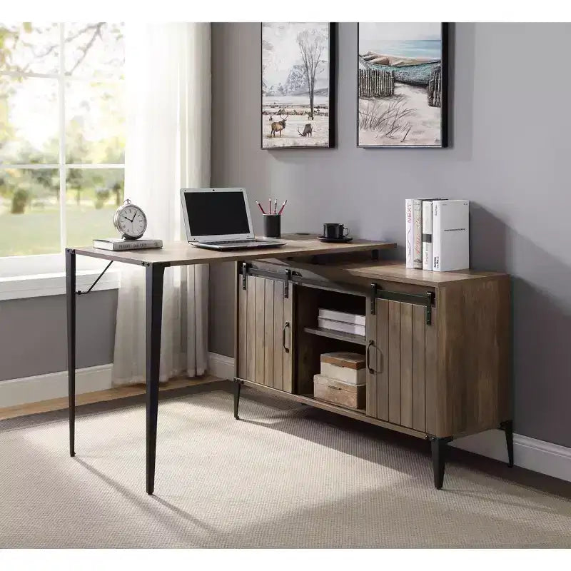 Bureau d'ordinateur en L de 122 cm avec rangement à porte coulissante et gestion des câbles