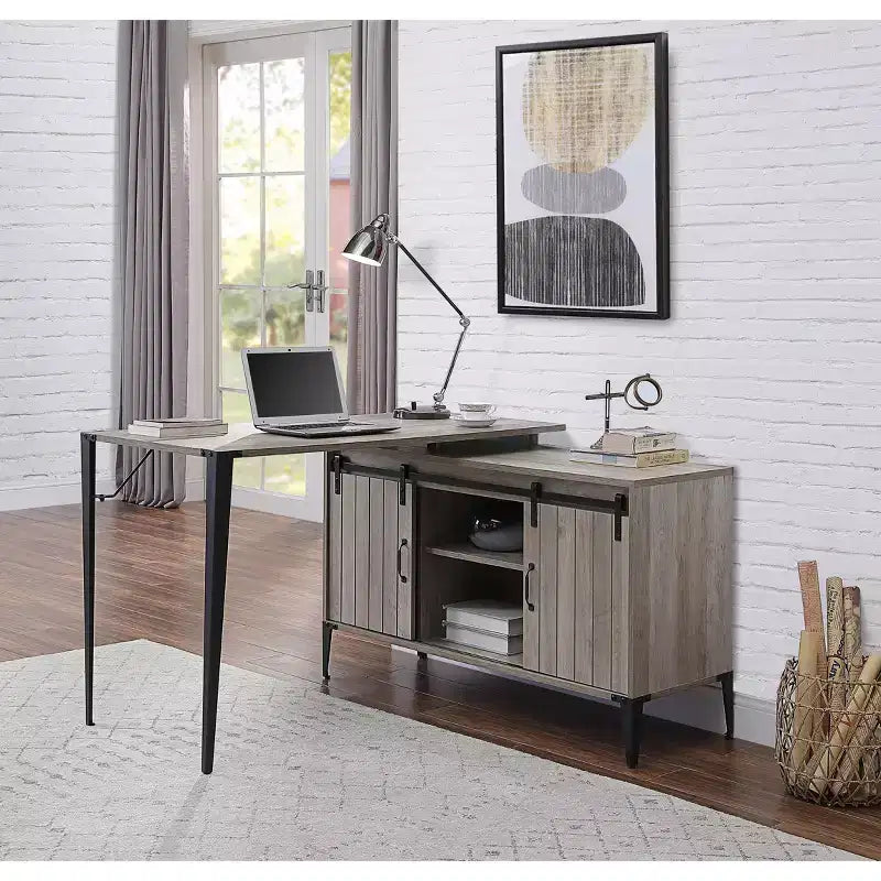 Bureau d'ordinateur en L de 122 cm avec rangement à porte coulissante et gestion des câbles