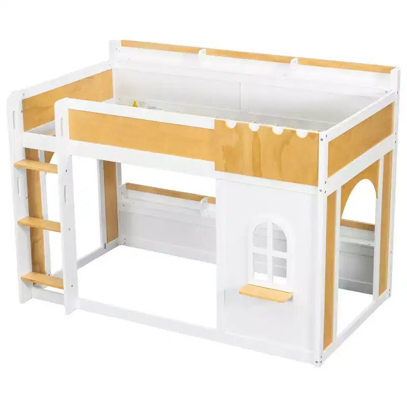 Lit superposé jumeau sur jumeau/double sur double avec étagères de rangement, cadre de lit superposé en bois jumeau/double avec fenêtre et deux portes