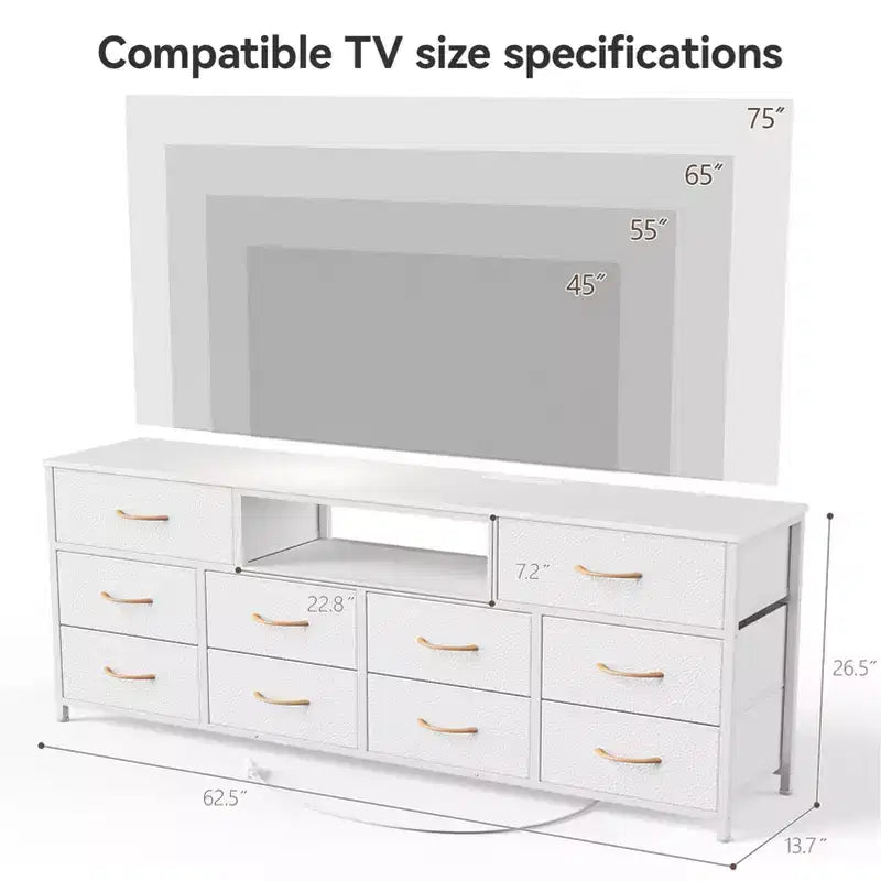 Commode Grande Blanche à 10 Tiroirs Meuble TV Pour Téléviseur 75 Pouces Console Multimédia avec Rangement en Tissu, Prises de Courant et Lumières LED Meuble de Rangement pour Chambre à Coucher