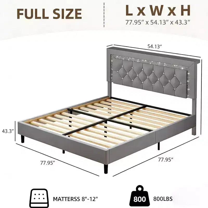 Cadre de lit plateforme avec tête de lit capitonnée en losanges, support à lattes en bois, pas besoin de sommier pour lit double, queen ou king size