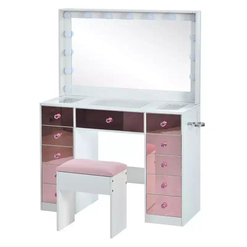 Coiffeuse rose glamour avec miroir, 6 tiroirs, plateau en verre et tabouret en velours