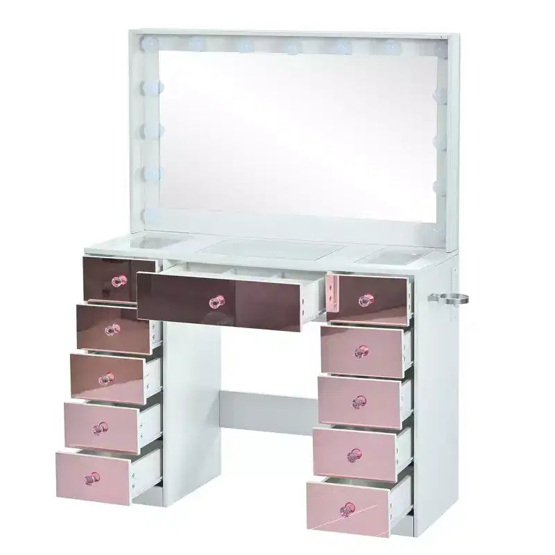 Coiffeuse rose glamour avec miroir, 6 tiroirs, plateau en verre et tabouret en velours