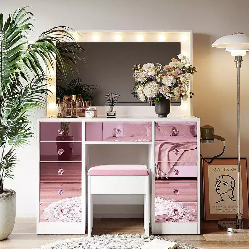 Coiffeuse rose glamour avec miroir, 6 tiroirs, plateau en verre et tabouret en velours