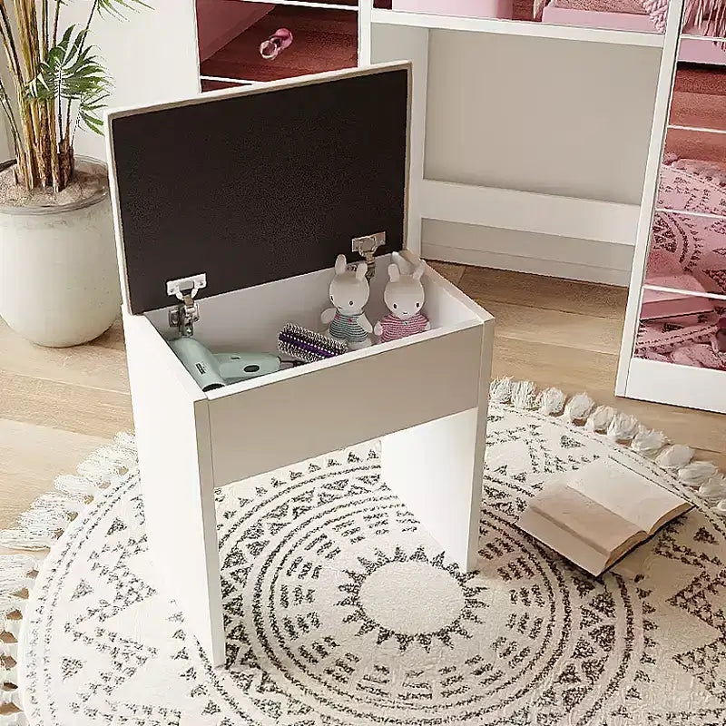 Coiffeuse rose glamour avec miroir, 6 tiroirs, plateau en verre et tabouret en velours