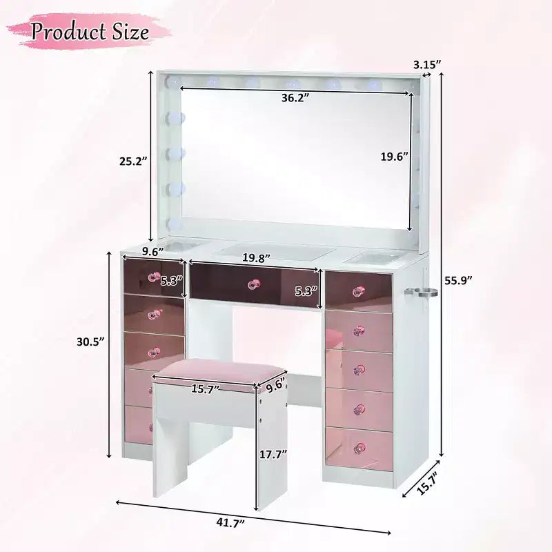 Coiffeuse rose glamour avec miroir, 6 tiroirs, plateau en verre et tabouret en velours