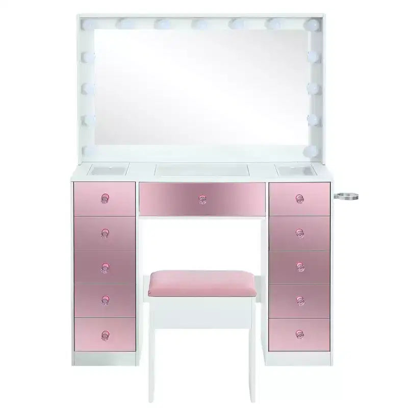 Coiffeuse rose glamour avec miroir, 6 tiroirs, plateau en verre et tabouret en velours
