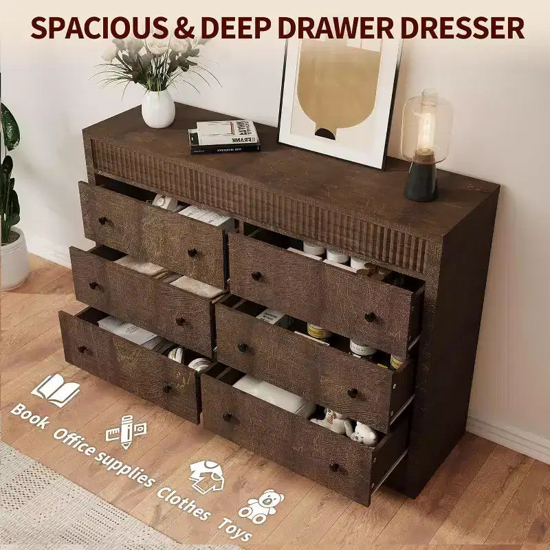 Commode à 6 tiroirs pour chambre à coucher, commode en bois cannelé, organisateur de rangement moderne en chêne pour salon, couloir, entrée