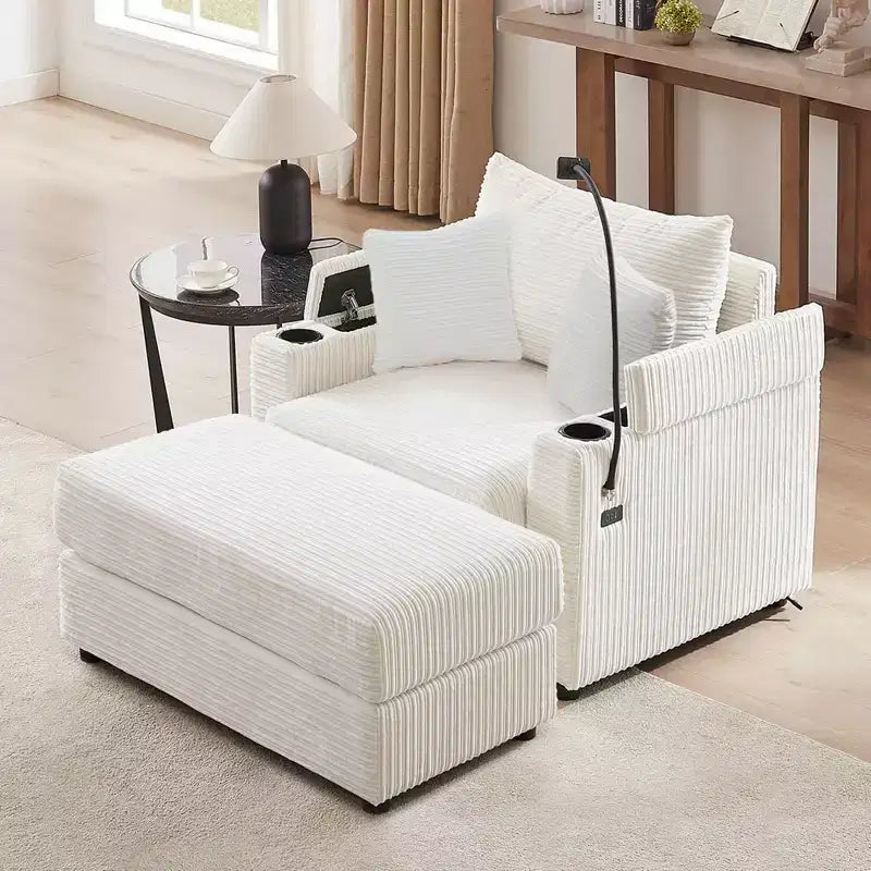 Canapé simple moderne de 106 cm avec pouf de rangement, porte-gobelets et ports USB, beige