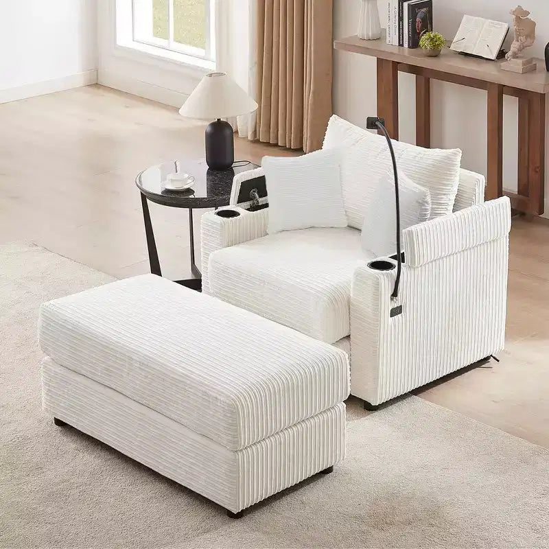Canapé simple moderne de 106 cm avec pouf de rangement, porte-gobelets et ports USB, beige