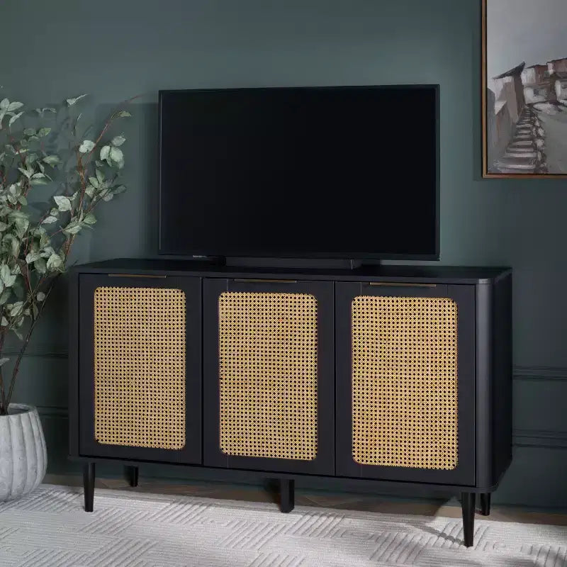 Meuble TV en noyer et rotin à 3 portes avec gestion des câbles, pour téléviseurs jusqu'à 50 pouces