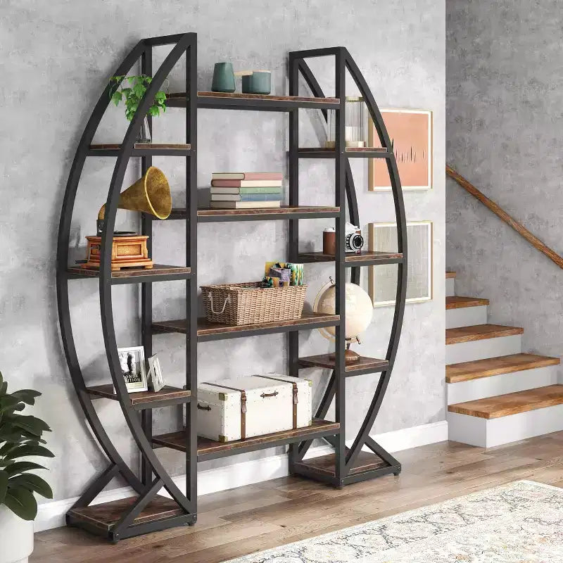 Étagère bibliothèque ovale à 5 niveaux triple largeur, étagères de présentation industrielles, marron 140 cm