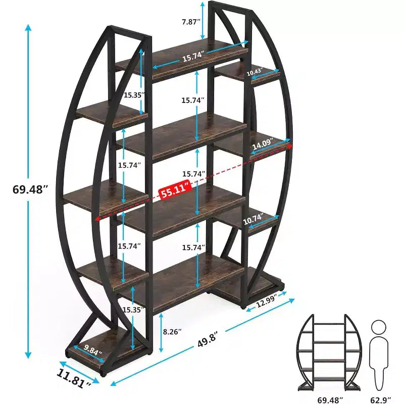Étagère bibliothèque ovale à 5 niveaux triple largeur, étagères de présentation industrielles, marron 140 cm