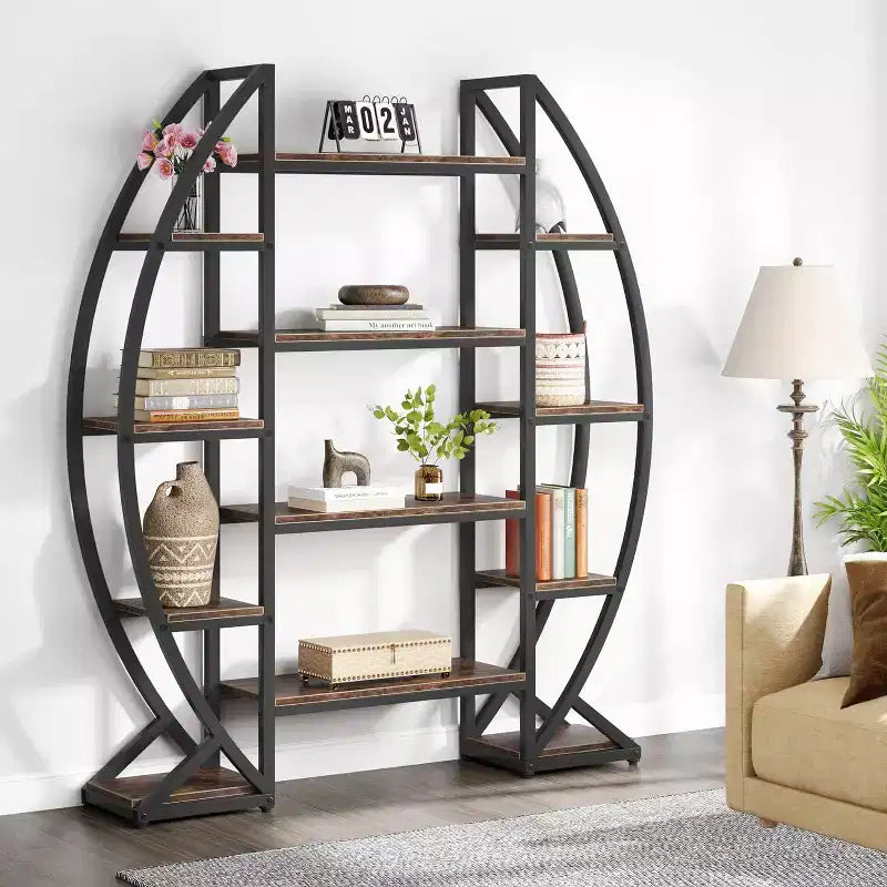 Étagère bibliothèque ovale à 5 niveaux triple largeur, étagères de présentation industrielles, marron 140 cm