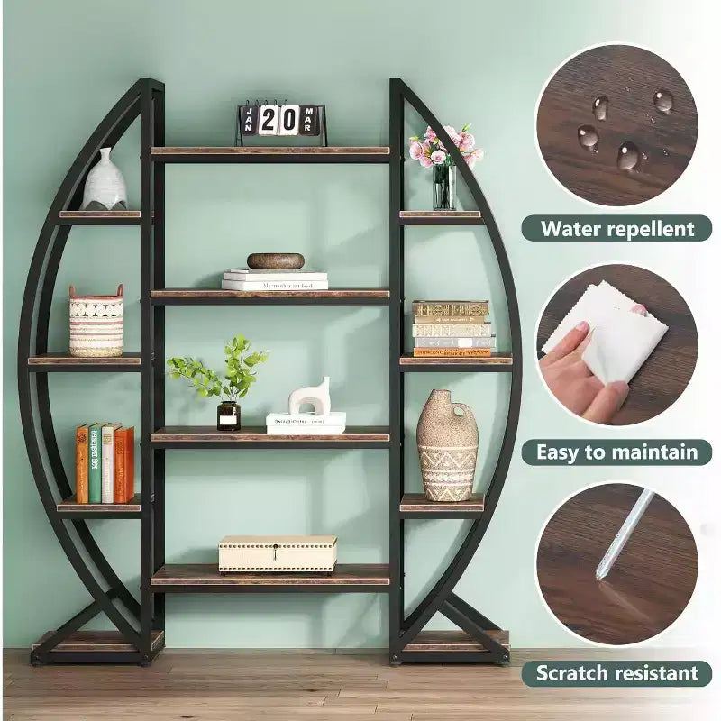 Étagère bibliothèque ovale à 5 niveaux triple largeur, étagères de présentation industrielles, marron 140 cm