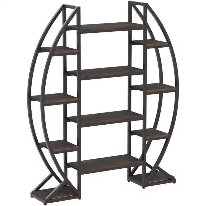 Étagère bibliothèque ovale à 5 niveaux triple largeur, étagères de présentation industrielles, marron 140 cm