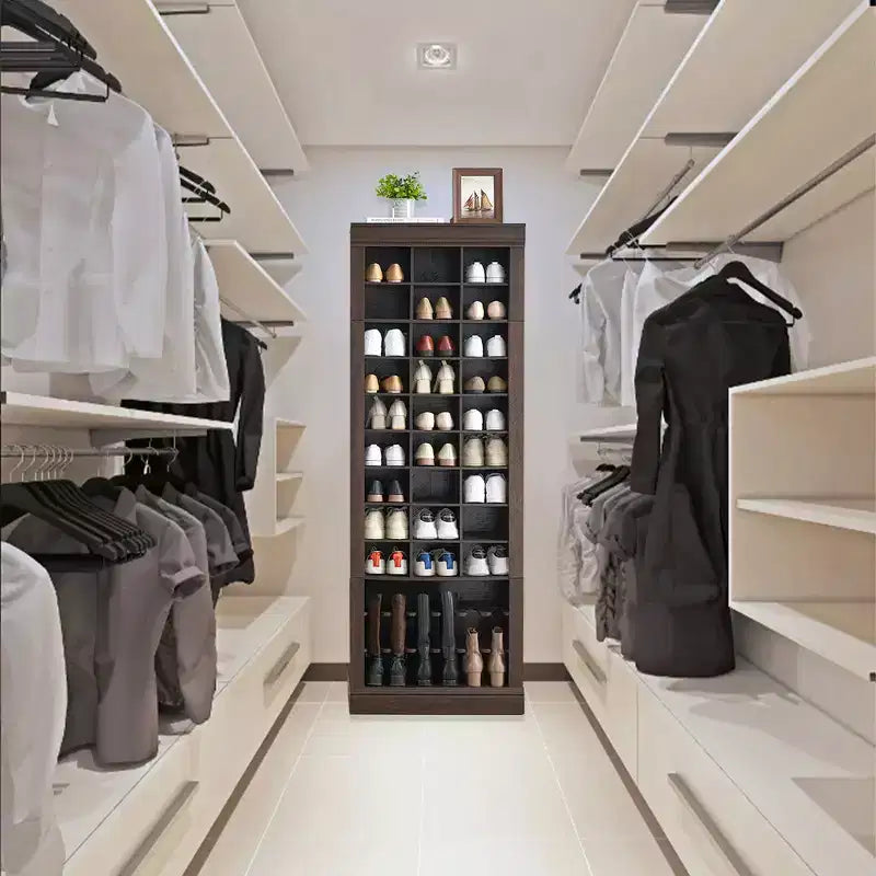 Grand meuble à chaussures en bois à 10 niveaux, organisateur avec 27 casiers et porte-bottes, rangement rustique autonome et mince pour l'entrée, 32 paires, marron rouge