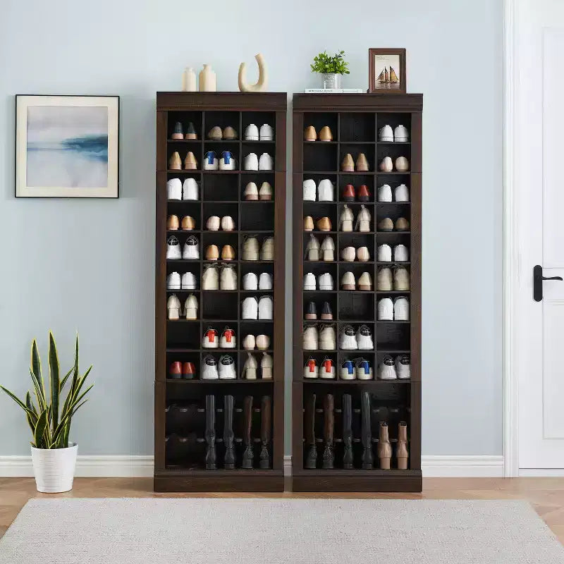 Grand meuble à chaussures en bois à 10 niveaux, organisateur avec 27 casiers et porte-bottes, rangement rustique autonome et mince pour l'entrée, 32 paires, marron rouge