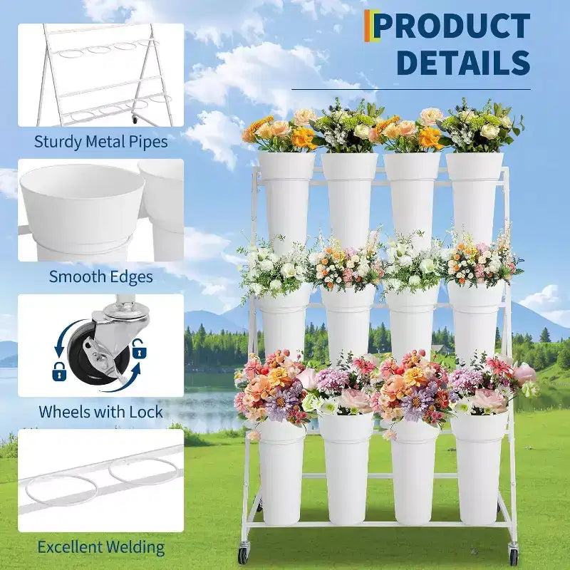 Présentoir à fleurs métallique à 3 niveaux avec 12 seaux, Support à plantes mobile avec roues, Utilisation intérieure et extérieure pour jardin, patio, mariage, fleuriste