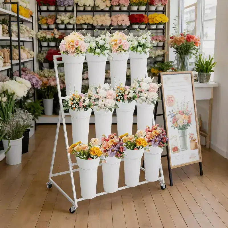 Présentoir à fleurs métallique à 3 niveaux avec 12 seaux, Support à plantes mobile avec roues, Utilisation intérieure et extérieure pour jardin, patio, mariage, fleuriste