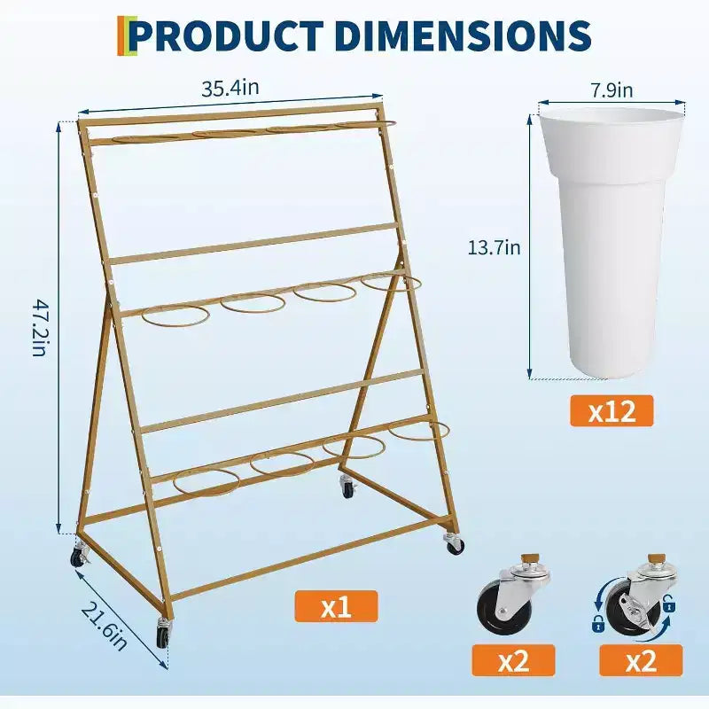 Présentoir à fleurs métallique à 3 niveaux avec 12 seaux, Support à plantes mobile avec roues, Utilisation intérieure et extérieure pour jardin, patio, mariage, fleuriste